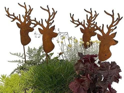 LB H&F Lilienburg 4er Set Hirsch Geweih Gartenstecker rost Hirschkopf Weihnachtsdeko Rosthirsch edelrost deko Metall (4er Set Hirsch)