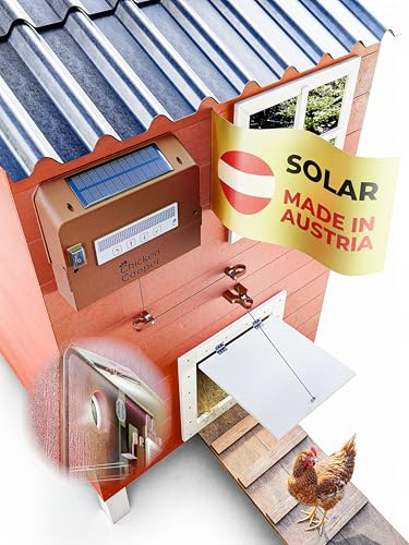 Chicken Cooper Solar Türöffner 5kg für Hühner, automatische Uhrzeitermittlung und Jahreszeitanpassung, Speicher Doppelrolle, für Ihre Hühnerklappe nachrüstbar (Braun, + Rückseitig Integriertes Licht)