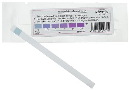 MEWATEC Wasserhärte Teststreifen - 10 Stk. - leicht ablesbare Skala mit Ergebnis nach 10 Sekunden - zum einfachen ermitteln der Wasserhärte zu Hause - Messbereich 0° - 25° dH