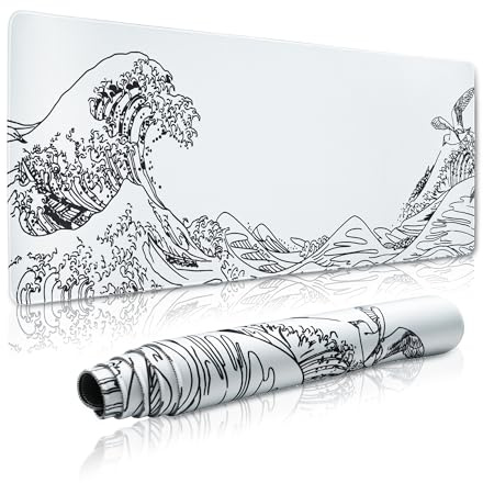 GMKWTL Large Gaming Mouse Pad for Desk,Kanagawa XXL Mouse Pad 35.4x15.7 Inch,Waterproof Desk Pad,Non-Slip Rubber Base Mice Pad,Keyboard Pad Computer Mat,White Mouse pad