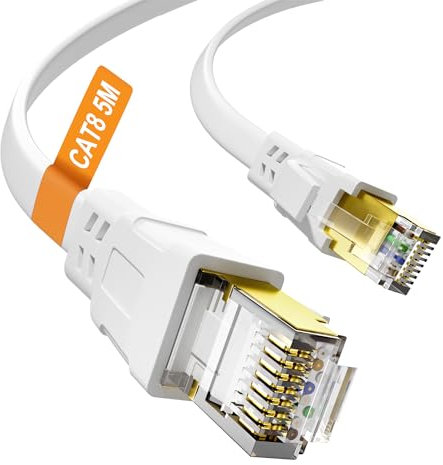 Cat 8 Ethernet Cable 5M, High Speed White Internet Cable 40Gbps 2000MHz STP Shielded Flat Cat8 Lan Cable with Gold Plated RJ45 Connector, Network Patch Cord for Modem, Switch, Router, Xbox, PS4/5