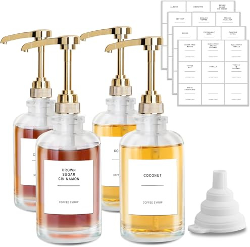 sunal Lot de 4 distributeurs de sirop de café, flacon de sirop en verre de 500 ml, distributeur de sirop, distributeur de miel avec pompe de grande capacité de 0,6 g et 36 étiquettes étanches et