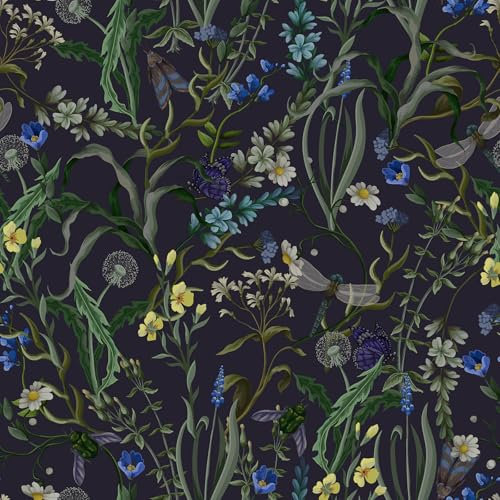 CRE8TIVE Wildblumen Tapete Schwarz 61cm x 300cm Selbstklebende Blätter Tapete Blumentapete Löwenzahn Libelle Schmetterling Tapete Schlafzimmer Vinatge Folie für Möbel Fototapete Wohnzimmer Schrank