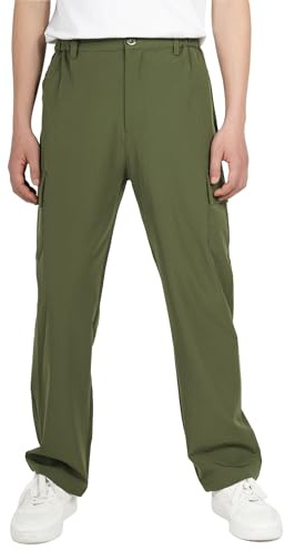 ALXHUTE Pantaloni cargo per bambini, impermeabili, in vita elasticizzata, per il tempo libero, pantaloni cargo, verde militare, 150 cm