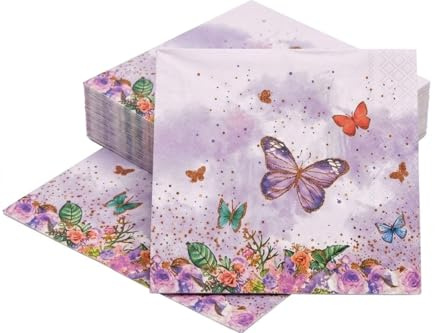 60 Stück (33 x 33 cm) Blumen Servietten Frühling Lila Servietten Schmetterling Perfekt für Geburtstage, Partys, Hochzeiten, Kommunion und Feiern
