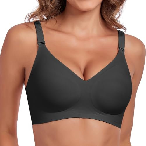 Litthing Comfort Seamless Bra Non Wired Push Up Adjustable Straps Padded Bras for Women Ladies Wireless Support V Neck Anti Sagging Breast Soft Sleep Everyday T Shirt Bralettes with Extender Black