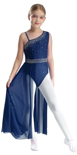 Miaeowve Lyrisches Kleid Mädchen Kinder EIN Schulter Ballettkleid Strass Glitzer Contemporary Dance Kleid Mit Lang Schlitz Rock Dancewear