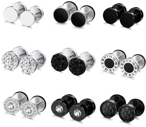 Uwiyo 9 Paar Ohrringe Männer, Edelstahl Ohrringe Herren 8mm Fake Plugs Ohrring Silber Schwarz Ohrstecker Ohr Piercing Ohrschmuck für Herren Jungen (Set 1-Silber+Schwarz)