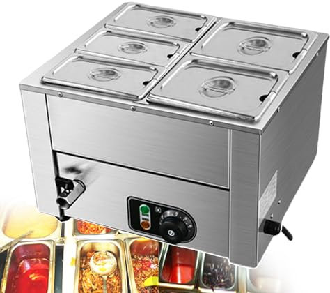 forplubossmmp Scaldavivande Commerciale per Buffet Scaldavivande in Acciaio Inox Scaldavivande da Tavolo A Vapore con Controllo della Temperatura Regolabile per Mense, Feste 800W 3/4/5/6Teglie,5lids