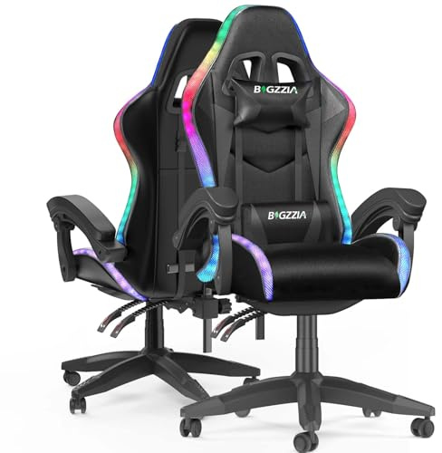 bigzzia Gaming Chair with RGB Computer Chair with Light Reclining PU Leather Video Game Chair with Headrest Adjustable Lumbar Support (With RGB led, Black)