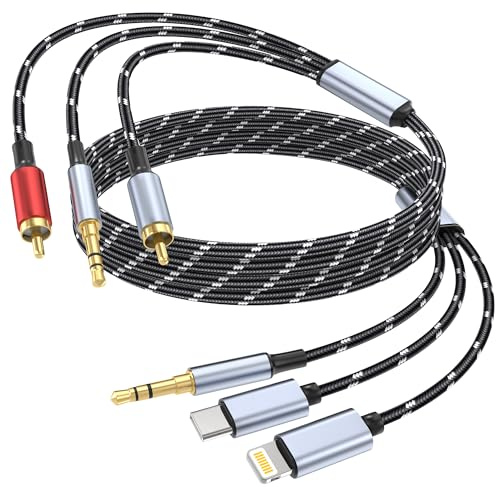 DCNETWORK Câble 3,5 mm vers RCA, Lightning vers RCA mâle vers adaptateur audio auxiliaire, adaptateur audio HiFi (câble audio 3 en 1) connecteur pour iPhone/iPad, haut-parleur, MP3, tablette, HDTV (3