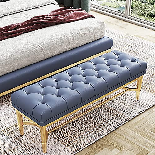 Moderne Schuhbank für den Flur, mit goldenem Schuhregal, hochwertiges Leder, gepolstert, Bettbank, Sitzbank, Blau, 80 x 33 x 48 cm