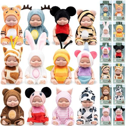 YFNVH 12 Pack Mini Reborn Dolls Miniature Realistic Baby Doll with Washable Animal Clothes 4.5 Inch Sleeping Rebirth Dolls Bulk for Toddler Kid Boy Girl Birthday, Age 3+