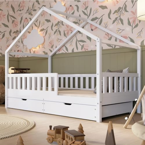 Crazy Pine Montessori Hausbett mit Schubladen Crazy House 140x200 cm - Weiß
