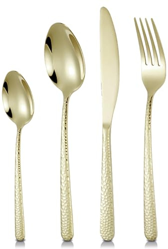 Champagne Gold Cutlery Set, SEVERN LIVING, 24 Piece Polished Champagne Gold Stainless Steel Flatware Set, Silverware Tableware Set with Spoon Knife and Fork Set, Service for 6 People, Easy Clean