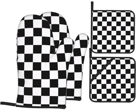 Ofenhandschuhe und Topflappen, 4er-Set, wasserdicht, hitzebeständig bis 260 °C, Mikrowellen-Ofenhandschuhe, Kochhandschuhe, Kochhandschuhe, Schwarz-Weiß