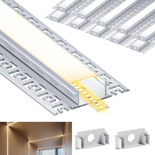 Brillivanture 10 x 2M LED Profil für Einbauinstallation, LED Trockenbauprofil mit milchigem Diffusordeckel, geeignet für gebogene Wände, Unterputz Profil mit 20 mm Innenbreite，Streifen Profil