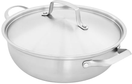 SuhoFutus Stainless Steel Wok with Lid, 26cm Wok Induction Hob with Steaming Rack, Multi-Purpose Woks for Home and Professional Kitchens, Gas and Induction Friendly, Silver