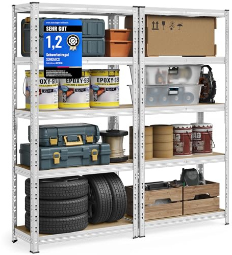 SONGMICS Étagère de Rangement Charge Lourde, Lot de 2, Étagère de Garage 50 x 100 x 200 cm, Capacité de Charge Jusqu’à 875 kg, Montage Facile, Tablettes Réglables, Argent GLR447E02