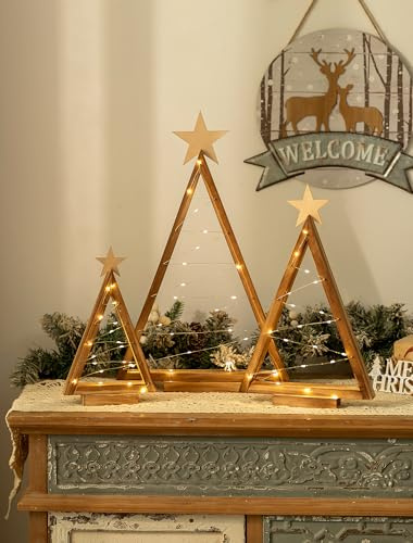 Romadedi Weihnachtsbaum Holz Klein Modern: 3er Set Stehend Christbaum Kiefernholz mit LED Lichterkette deko für Weihnachten - Mini Tannenbaum Alternative für Winter Tischdeko Fensterbank