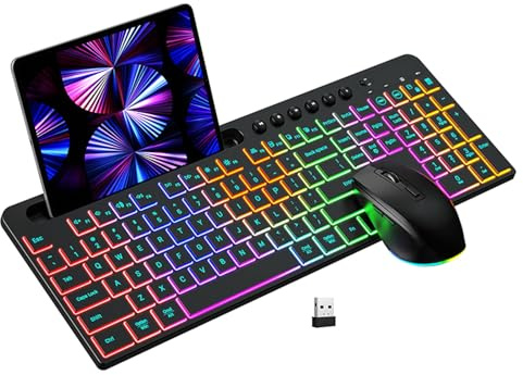 Jectse Ensemble Clavier et Souris sans Fil avec Rétroéclairage RVB, 115 Touches et Emplacement pour Support, Souris à 6 Boutons, Compatible et OS X