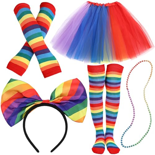 PartyforU Regenbogen Kostüm Damen Karneval Set 5 Stück Tüllrock Haarreif Perlenkette Oberschenkelstrümpfe Armwärmer Faschingskostüme für den Pride für Bisexuelle Schwule