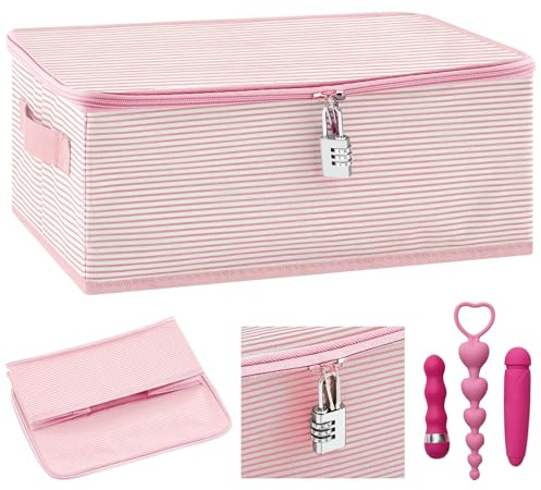 Briwooody Discreet Lockable Toy Bag Storage Organizer, Pink Stripes | Toy Bag Storage Bins Case with Zipper Lid 15 x 10 x 5.9 Inches for Women and Men Clothes Container