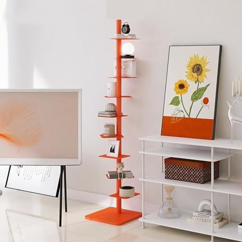 MANYOUYOU Schmales Bücherregal, Bücherregal Aus Metall, Bücherturm Mit Vertikalem Rücken, Höhenverstellbarer Bücherturm Mit Vertikalem Rücken, Drehbarer Bücherregalständer Für Das Homeoffice Orange