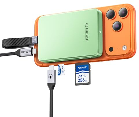 ORICO 10Gbps Magnetico M.2 NVMe SSD Case con USB-C Dock Supporta Registrazione ProRes per iPhone 17/16/15 Pro/Max/Plus TF/SD Slot PD 100W per Formati 2230/2242/2260/2280 B+M M-Key Disless AP80F Verde