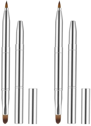 2PCS Retractable Lip Brush, Silver Double-Ended Retractable Lip Brush for Lipstick, Gloss and Eyeshadow, with Cap for Clean Storage, Silver