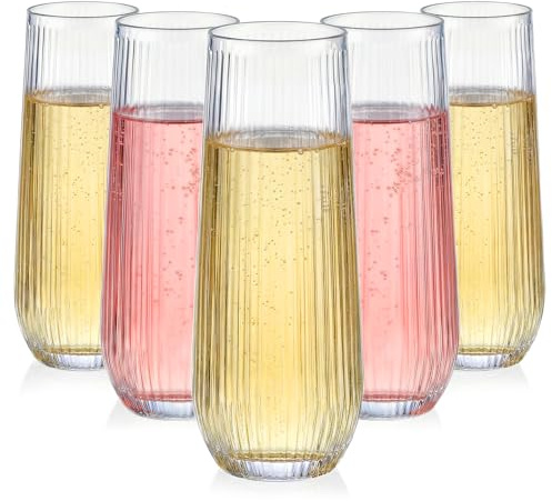 GuanQiao 24 Pack 9 oz Stemless Plastic Champagne Flutes, Clear Disposable Plastic Glasses Ribbed Ripple Design (BPA-Free) for Weddings, Bars & Events