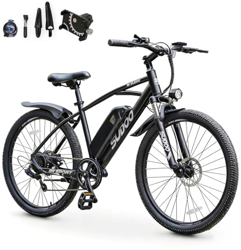 SUDOO 26'' Electric Bikes for Adult, Electric Mountain Bicycle with 36V 7.8Ah Battery & 250W Motor, City Commute E-bikes for Men Women, 7 Speed, 25 KM/H, Smart LED, Dual Disk Brake, All Terrain