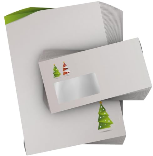 Weihnachtsbriefpapier Set | Weihnachts-Origami GRÜN | 100 Blatt weihnachtliches Motivpapier A4 | 100 Briefumschläge MIT Sichtfenster links im DIN LANG-Format