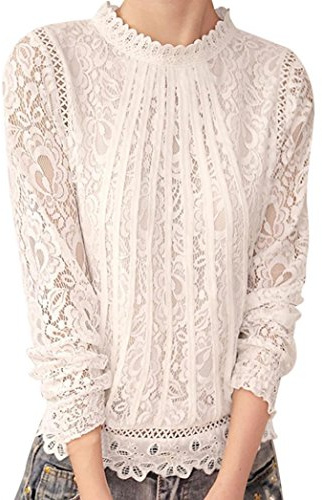 Blouse Femme Chic et Elegant Manche Longue Dentelle Hiver Printemps t Shirt Haut Femme Soiree Casual Mode Fashion Top Chemise (3XL, Blanc)