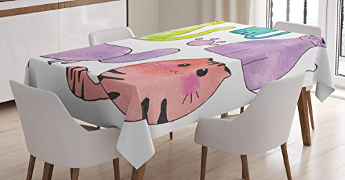 ABAKUHAUS Kätzchen Tischdecke, Katzen in Aquarell Stil, Schmutzabweisend Pflegeleicht Waschbar Druck Mit Klaren Farben ohne Verblassen, 140 x 200 cm, Weiß Lila