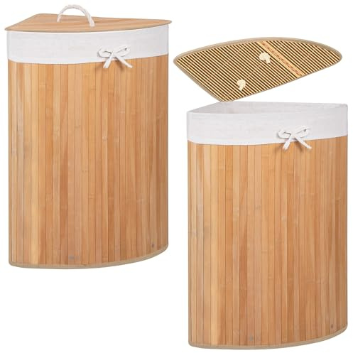 SPRINGOS Cesto angolare per la biancheria, con coperchio, 60 litri, in bambù, salvaspazio, ideale per il bagno e anche come forziere per i giocattoli (naturale, 60 L)