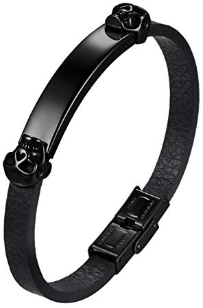 JewelryWe Schmuck Totenkopf Armband Armreif Herren mit Gravur, Edelstahl Totenkopf Schädel Lederarmband Armspange Silber Gold
