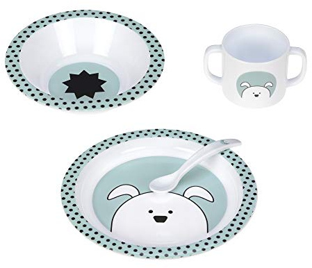 LÄSSIG Set di stoviglie per bambini (piatti, tazze, ciotole, cucchiai) senza melamina, senza BPA, lavabili in lavastoviglie e in microonde/Dish Set PP Little Chums Dog