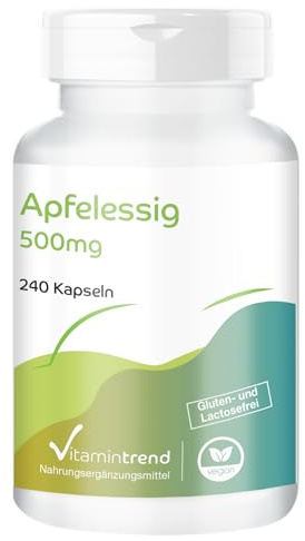 Vitamintrend Vinaigre de cidre 500 mg, 240 gélules, 2000 mg de poudre de vinaigre de cidre par dose quotidienne, complément alimentaire végan sans stéarate de magnésium, fabriqué en Allemagne