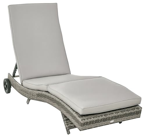 Outsunny Bain de Soleil transat Grand Confort - Dossier inclinable 5 Positions roulettes - Matelas déhoussable Inclus - résine tressée Grise