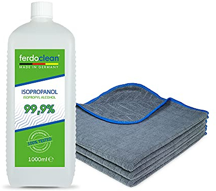 ferdoclean® 1000ml isopropanol 99,9% + 3 x chiffons en microfibre (40 x 40 cm) absorbant 380 GSM | Nettoyant à l'alcool IPA solvant 1l pour ménage, voiture | Nettoyant dégraissant - bleu/anthracite