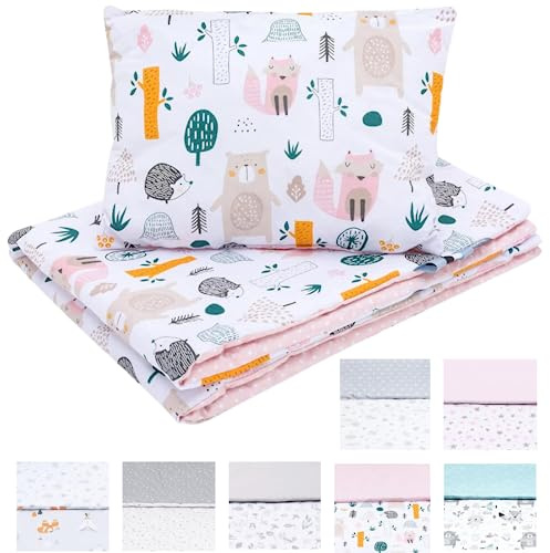 Bellochi Multifunktional Baby Decke Set - Doppelseitig Baby Bettwäsche 75x100 cm und Kissen 30x40cm - aus 100% Baumwolle - Wald