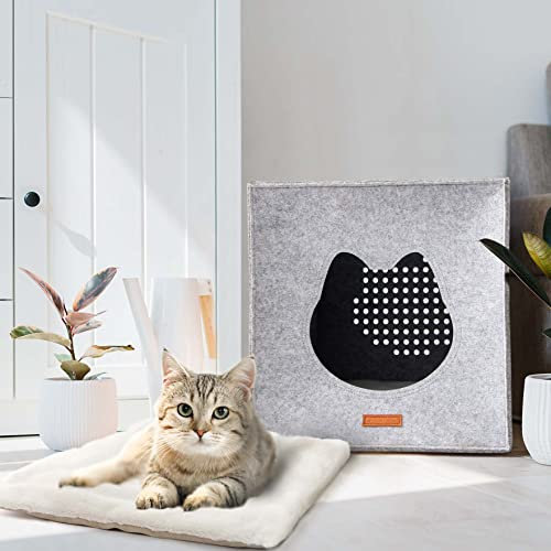 LuckySign Katzenhöhle Kallax Regal Katzenhaus mit Kissen Katzen Kuschelbett für 2 Katzen oder große Katzen, 33X33X37cm - Hellgrau