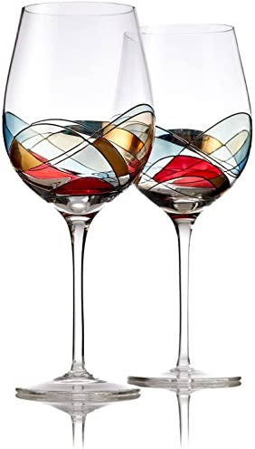 Bezrat Wine Glasses Hand Painted - Set of 2 - Women Wine Gift - Wine Lover Glass - Beautiful Glassware Gifts Ideas for Women Inspired by 'Duomo di Milano' Mothers Day - 12 oz (Red)