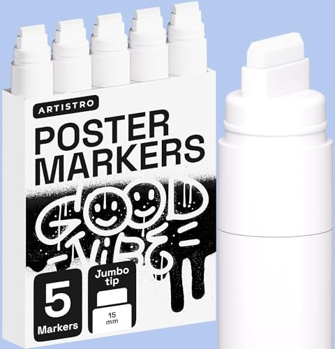 Artistro 5 marcadores acrílicos de graffiti de color blanco con punta de fieltro jumbo de 15 mm para murales, carteles, diarios de arte y caligrafía, marcadores grandes para madera de roca, plástico