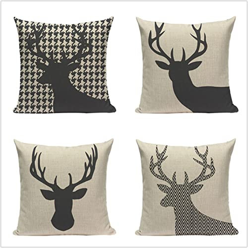 4er Set Kissenbezug 35x35cm, Baumwolle Leinen Dekokissen Kissenbezüge Sofakissen Dekorativ Kissenhülle Zierkissenbezüge für Sofa Schlafzimmer Wohnzimmer Zuhause Dekor Hirsch schwarz weiß, 14x14in