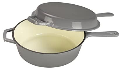 ECHTWERK Set 2 en 1 de cacerola y sartén grill, Asador de hierro fundido con tapa, Olla de hierro fundido con revestimiento esmaltado, Apta para hornos, parrillas e inducción, Gris, 2,5 L, Ø 25,2 cm