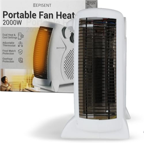 EPISENT 2kW Portable Fan Heater | Dual Heat & Cool Air Function | Energy Efficient Electric Heater with Thermostat, 2 Heat Settings & Safety Cut Out | Compact Room Heater for Home & Office