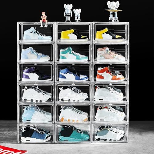 BSFHH Schuhboxen, durchsichtig, Acryl, stapelbar, Kunststoff, Sneaker-Box, Behälter, magnetisch, seitlich offen, mit Deckel, passend für Größe 42, kristallklar, 12 Stück