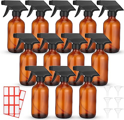 Norme 12 Pcs 8 oz Glass Spray Bottles with Funnels and Labels Refillable Cosmetic Empty Spray Bottles with Sprayer Containers for Essential Oil Cleaning Solutions(Amber,Classic)